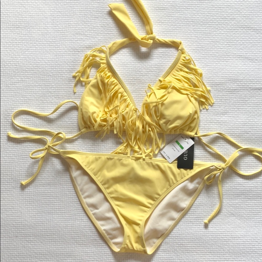 GUESS Yellow Fringe Bikini Top + Bottom L